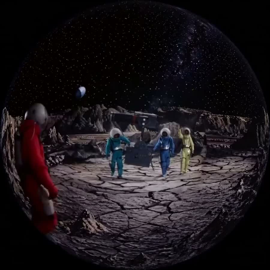 Destination Moon (1950), a 4:3 source reframed by Outpaint as a 180-degree fisheye dome